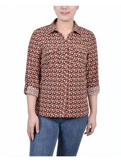 Ny Collection Womens V-neck Button-down Blouse In Brown