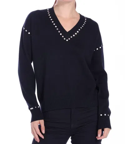 Minnie Rose Chic Stud-embellished V-neck Sweater In Black