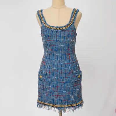 Pre-owned Balmain Tweed Chain Short Dress In Blue