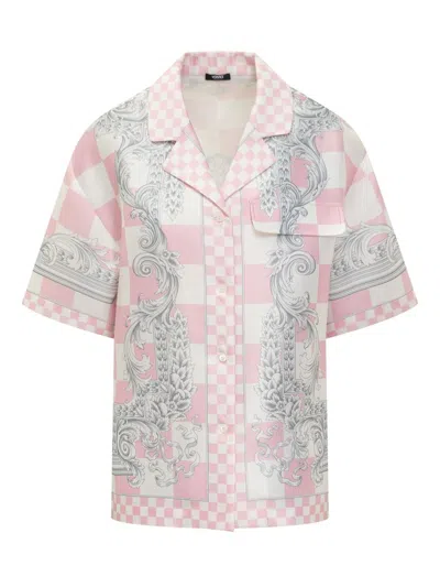 Versace Barocco-print Checked Silk Shirt In Pink