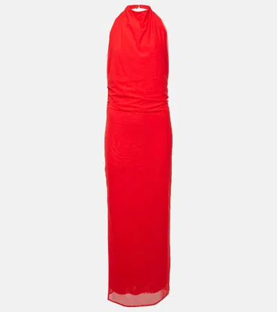 Sir Jacques Mesh Halter Midi Dress In Red
