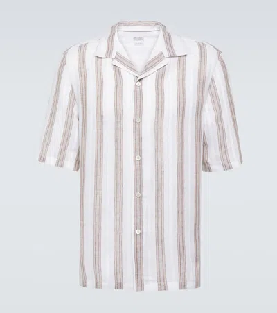 Brunello Cucinelli Camp-collar Embroidered Striped Linen Shirt In Brown