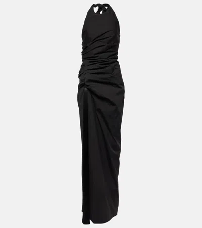Ferragamo Gathered Cotton-blend Poplin Maxi Dress In Black