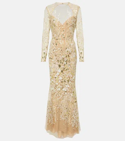 Elie Saab Atom Sequined Embroidered Tulle Gown In Beige