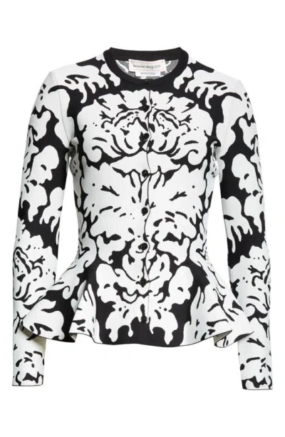 Alexander Mcqueen Abstract-jacquard Peplum Cardigan In Black/white