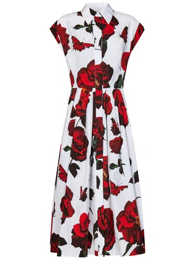 Alexander Mcqueen Floral-pattern Cotton-poplin Midi Dress In Bianco