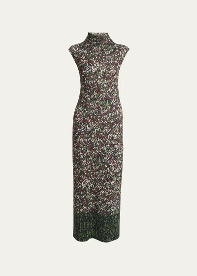 Loewe Yarn-print Jersey Mock-neck Column Dress In Kha Mlti