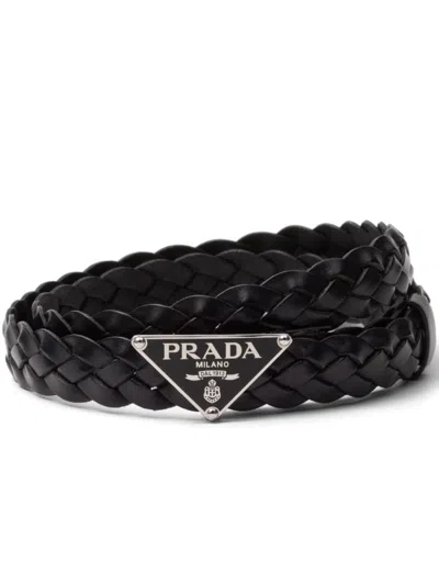 Prada Triangle-logo Braided Leather Belt In Blue