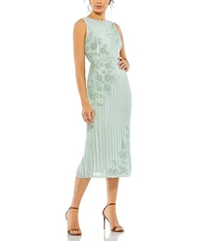 Mac Duggal Striped Floral Embellished Sleeveless Midi Dress In Seafoam