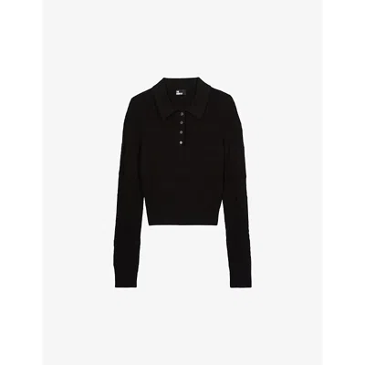 The Kooples Womens Black Button-neck Slim-fit Knitted Polo