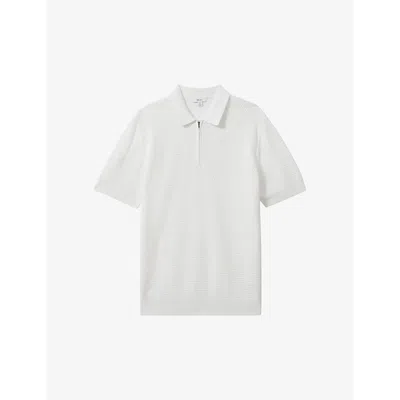 Reiss Mens Optic White Burnham Textured-weave Knitted Polo Shirt