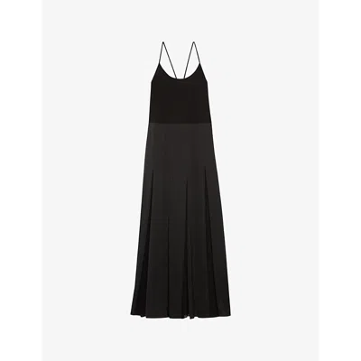 Claudie Pierlot Womens Noir / Gris Pleated Cross-strap Woven Midi Dress