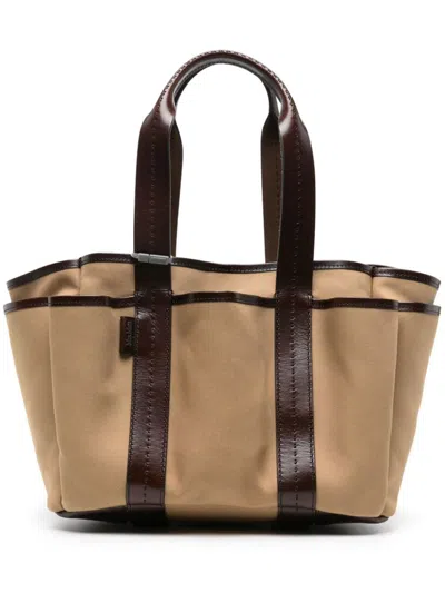 Max Mara Canvas Small Cabas Tote In Leather Brown