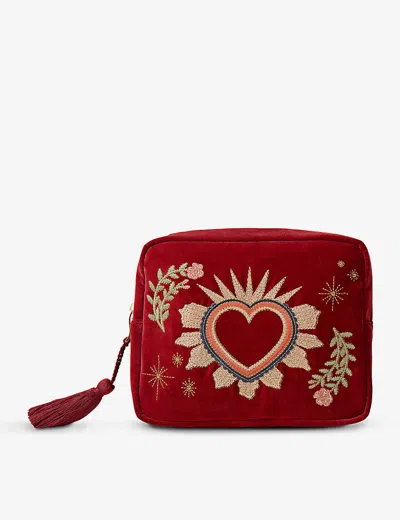 The Alkemistry Red Elizabeth Scarlett Scared-heart Embroidered Cotton-velvet Wash Bag