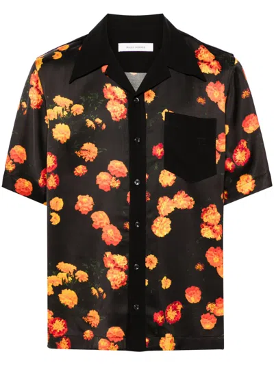 Wales Bonner Highlife Bowling Shirt Marigold Flowers In Black