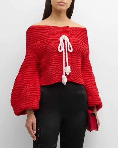 Hellessy Magalie Cable-knit Off-the-shoulder Cardigan In Red Snail