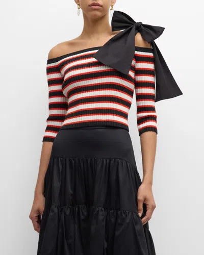 Hellessy Carlo Bow Off-the-shoulder Striped Rib Crop Top In Black Multi