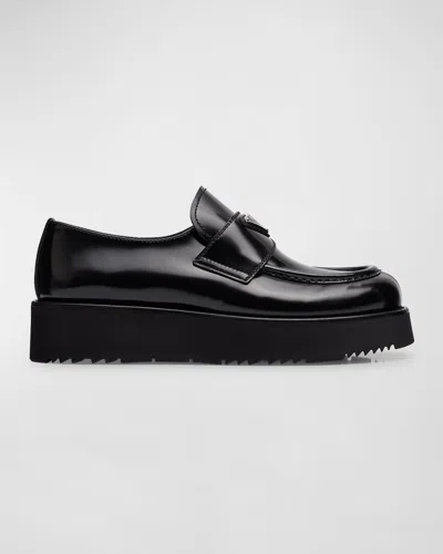 Prada Leather Lace-up Oxford Flatform Loafers In Nero
