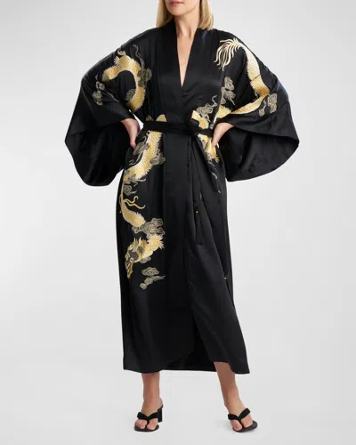 Josie Natori Lucky Dragon Embroidered Silk Charmeuse Dressing Gown In Black