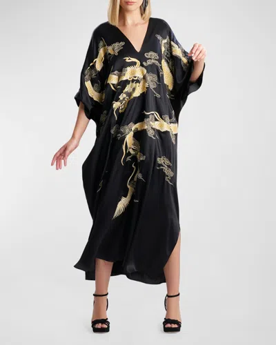 Josie Natori Lucky Dragon Embroidered Silk Charmeuse Caftan In Black