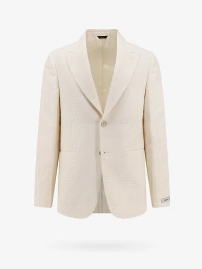 Fendi Cotton And Linen Blazer With Ff Motif In White