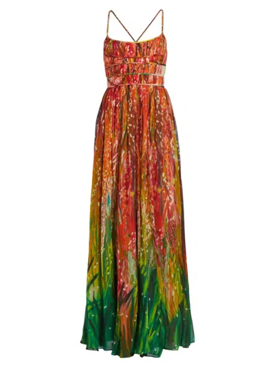 Ulla Johnson Rosie Multicolor Silk Tiered Cross-back Gown In Cherry In Lace