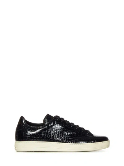 Tom Ford Crocodile-embossed Leather Sneakers In 3nw02 Black + Cream