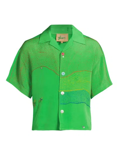 Glass Cypress Men's Curve-embroidered Silk Camp Shirt In Classic Green
