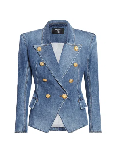 Balmain Double-breasted Denim Blazer In Blue