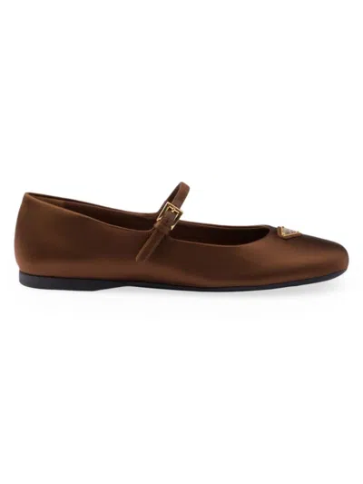 Prada Silk Triangle Mary Jane Ballerina Flats In Tobacco