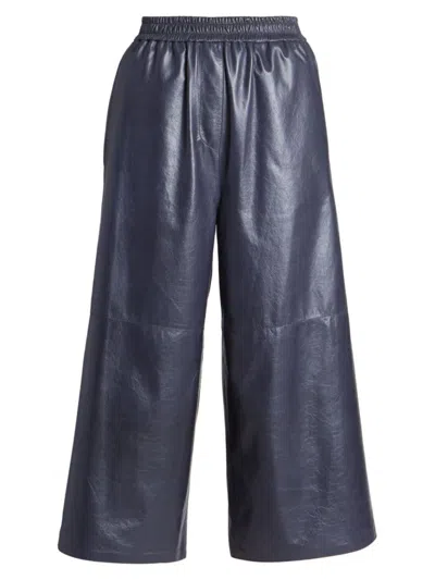 Loewe Cropped Leather Trousers With Anagram Detail In Navy Blue