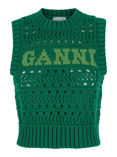 Ganni Green Rope Short Vest With Logo In Cotton Woman