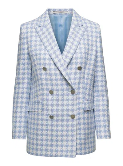 Tagliatore Light Blue Houndstooth Double-breasted Blazer In Linen Blend Woman