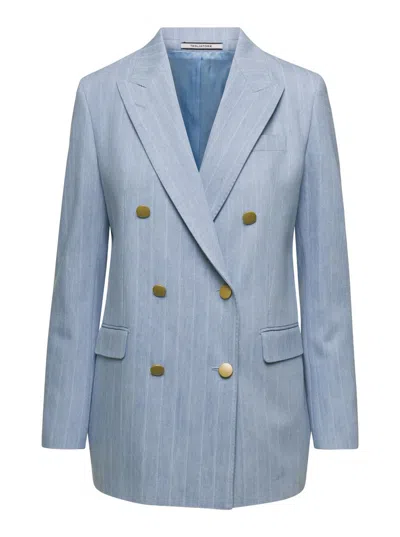 Tagliatore Light-blue Pinstriped Double-breated Blazer In Cotton Woman