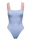 Versace Greca Border One-piece Swimsuit In Blue Pastel Pink Pale Yellow