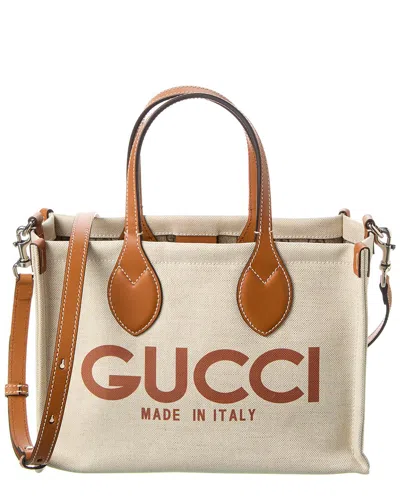 Gucci Logo-print Leather-trim Canvas Tote In Beige