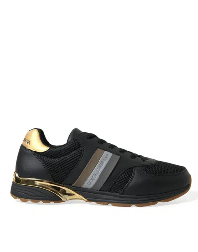 Dolce & Gabbana Black Leather Low Top  Sneakers Shoes In Gold Black