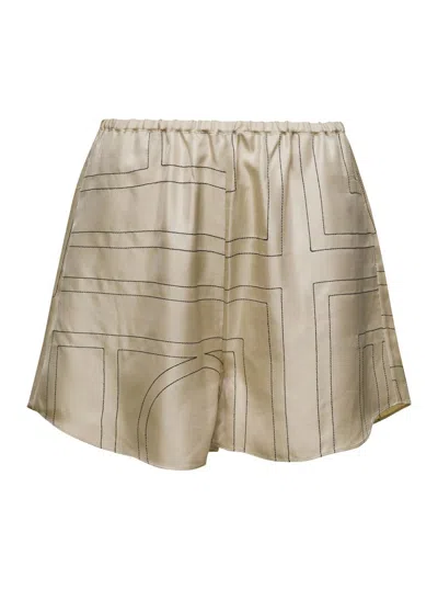 Totême Beige Shorts With Geometric Logo Print In Silk Woman