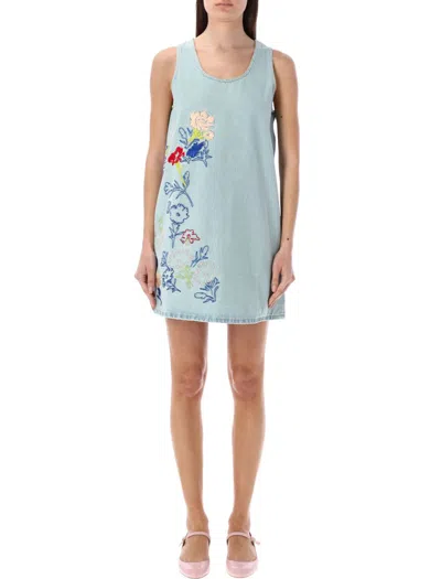 Kenzo Flowers Drawn Dress In Stone Washed Blue