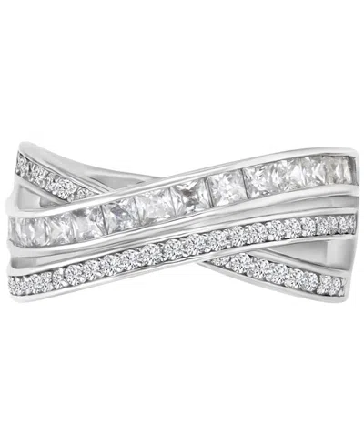 Macy's Cubic Zirconia Princess & Round Double Row Crossover Statement Ring In Silver