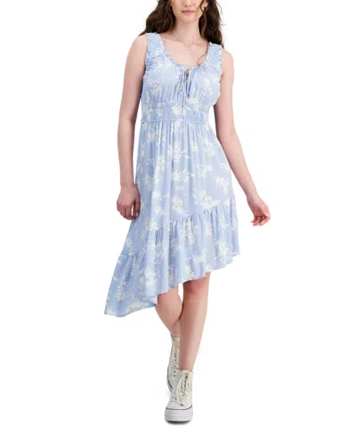 Hippie Rose Juniors' Smocked Asymmetrical Hem Midi Dress In Light Blue