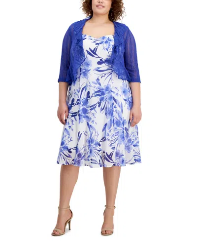 Connected Plus Size Lace Cardigan And Floral-print Dress In Cobalt