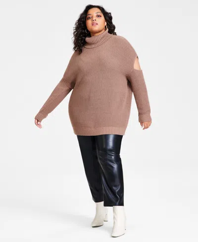 Bar Iii Plus Size Cutout Turtleneck Sweater, Created For Macy's In Mocha Cafe