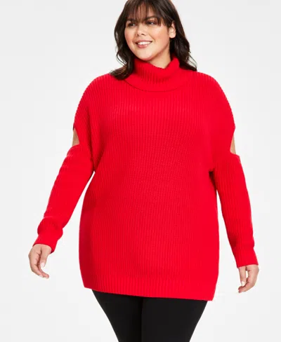 Bar Iii Plus Size Cutout Turtleneck Sweater, Created For Macy's In Cherry Candy