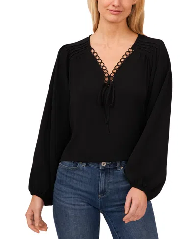 Cece Women's Circular Trim Pin-tuck Long Sleeve Blouse In Rich Black
