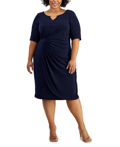 Connected Plus Size Elbow-sleeve Side-drape Dress In Navy