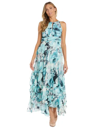 R & M Richards Women's Floral Print Halter Gown In Black,aqua