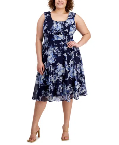 Connected Plus Size Printed Ruched-bodice Sleeveless Dress In Nvy