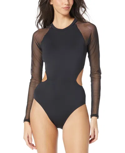 Vince Camuto Women's Mesh-sleeve Cut-out One-piece Swimsuit In Black