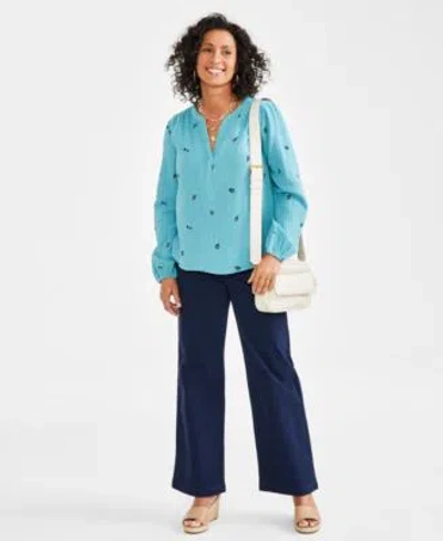 Style & Co Style Co Womens Embroidered Gauze Blouse Wide Leg Jeans Created For Macys In Alabaster